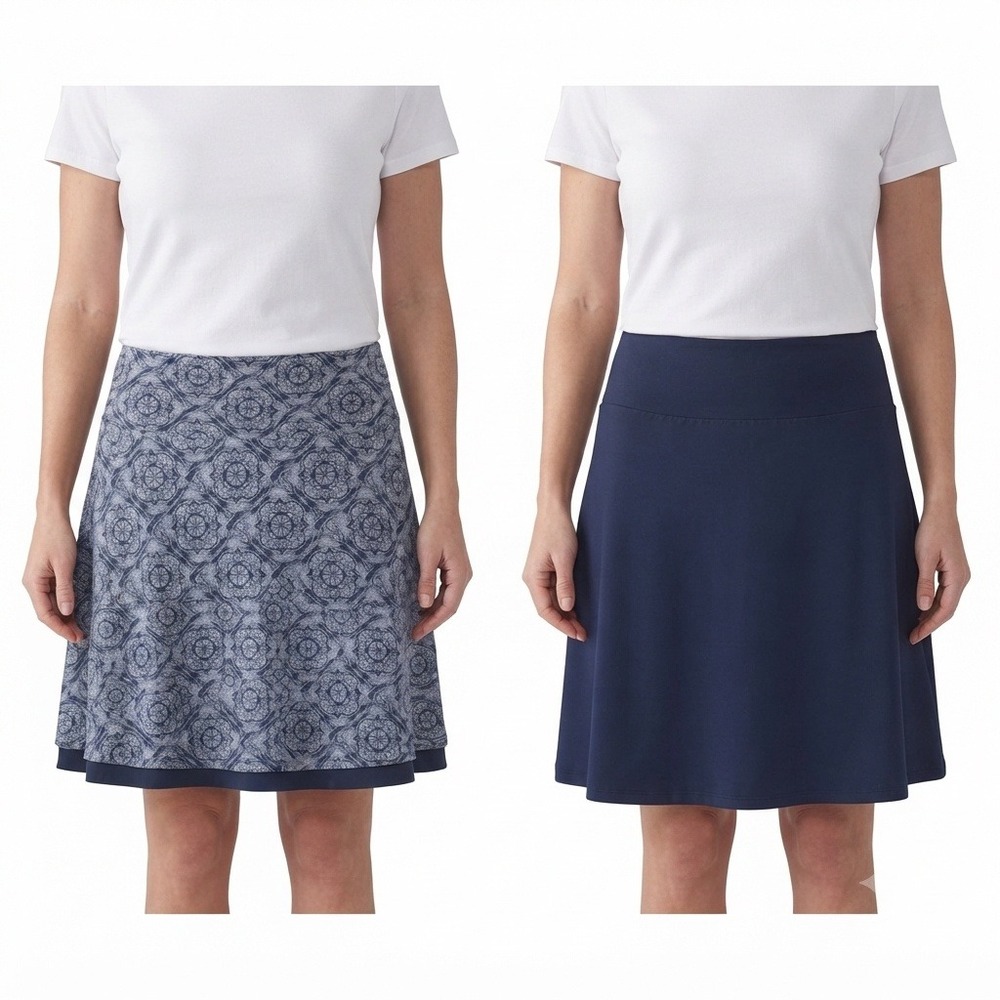 Skirt Small Reversible Navy Blue Medallion Print A-Line Stretch Knit